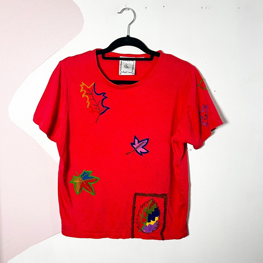 Michael Simon Lite‎ Top Medium Fall Leaves Retro Orange Embroidered
